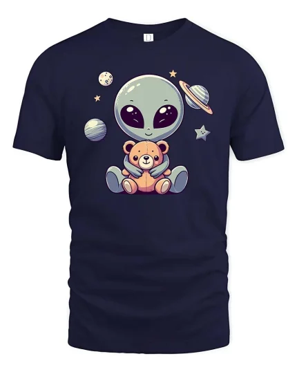 Cute Alien Teddy Bear Space Cartoon Kawaii Graphic T-Shirt - navy t-shirt on white background