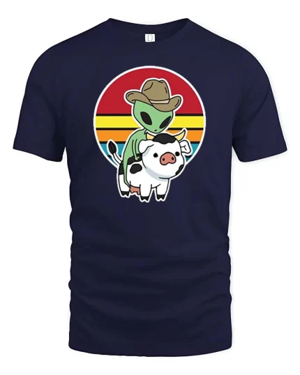 Alien Cowboy Riding Cow Funny Retro Sunset Graphic T-Shirt - navy t-shirt on white background