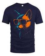 Cool Cat Sunglasses Neon Minimalist Graphic Stylish T-Shirt - navy t-shirt on white background