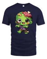 Cute Zombie Cartoon Horror Kawaii Halloween Graphic T-Shirt - navy t-shirt on white background