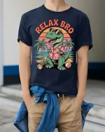 Relax Bro Vintage Dinosaur Beach Sunset Funny Graphic T-Shirt - model wearing navy tee with hands in pockets