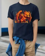 Fiery Phoenix Rising Mythical Bird Flame Graphic T-Shirt - model wearing navy tee with hands in pockets