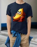 Funny Angry Banana Cartoon Humor Graphic Cool T-Shirt - model wearing navy tee with hands in pockets