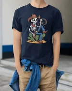 Skeleton Cowboy Lasso Western Desert Funny Graphic T-Shirt - model wearing navy tee with hands in pockets