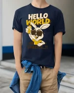 Hello World Cheers Rabbit Funny Party Graphic Cool T-Shirt - model wearing navy tee with hands in pockets