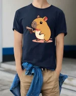 Funny Hamster Cartoon Character Humor Graphic Cool T-Shirt - model wearing navy tee with hands in pockets