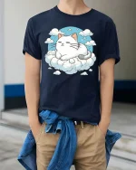 Sleeping Cat On Cloud Cute Relaxing Dreamy Graphic T-Shirt - model wearing navy tee with hands in pockets