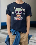 Cute Alien Teddy Bear Space Cartoon Kawaii Graphic T-Shirt - model wearing navy tee with hands in pockets