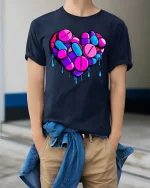 Melting Pill Heart Neon Graphic Love Aesthetic T-Shirt - model wearing navy tee with hands in pockets