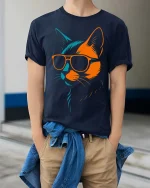 Cool Cat Sunglasses Neon Minimalist Graphic Stylish T-Shirt - model wearing navy tee with hands in pockets