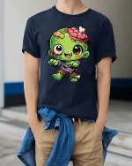 Cute Zombie Cartoon Horror Kawaii Halloween Graphic T-Shirt - model wearing navy tee with hands in pockets