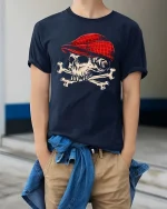 Skull Red Cap Vintage Graphic Cool Street Style T-Shirt - model wearing navy tee with hands in pockets