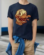 Funny Duck Face Cartoon Vintage Style Cool Graphic T-Shirt - model wearing navy tee with hands in pockets