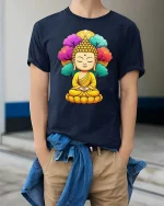 Meditating Buddha Peaceful Spiritual Zen Art Graphic T-Shirt - model wearing navy tee with hands in pockets