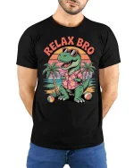 Relax Bro Vintage Dinosaur Beach Sunset Funny Graphic T-Shirt - model wearing black tee with hands behind back