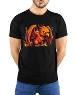 Fiery Phoenix Rising Mythical Bird Flame Graphic T-Shirt - model wearing black tee with hands behind back