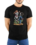 Skeleton Cowboy Lasso Western Desert Funny Graphic T-Shirt - model wearing black tee with hands behind back