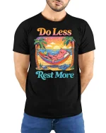 Do Less Rest More Cat Relaxing Beach Funny Graphic T-Shirt - model wearing black tee with hands behind back