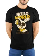 Hello World Cheers Rabbit Funny Party Graphic Cool T-Shirt - model wearing black tee with hands behind back