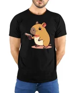 Funny Hamster Cartoon Character Humor Graphic Cool T-Shirt - model wearing black tee with hands behind back