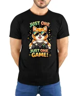 Just One Game Funny Gamer Cat Cartoon Graphic T-Shirt - model wearing black tee with hands behind back
