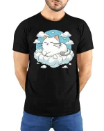 Sleeping Cat On Cloud Cute Relaxing Dreamy Graphic T-Shirt - model wearing black tee with hands behind back