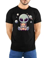 Cute Alien Teddy Bear Space Cartoon Kawaii Graphic T-Shirt - model wearing black tee with hands behind back