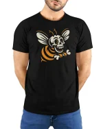 Skeleton Bee Funny Halloween Insect Cartoon Graphic T-Shirt - model wearing black tee with hands behind back
