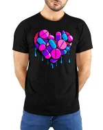 Melting Pill Heart Neon Graphic Love Aesthetic T-Shirt - model wearing black tee with hands behind back