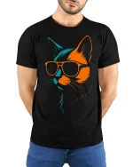 Cool Cat Sunglasses Neon Minimalist Graphic Stylish T-Shirt - model wearing black tee with hands behind back