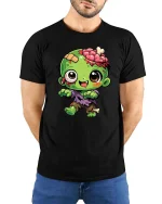 Cute Zombie Cartoon Horror Kawaii Halloween Graphic T-Shirt - model wearing black tee with hands behind back