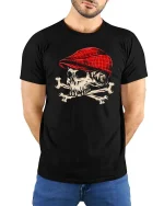 Skull Red Cap Vintage Graphic Cool Street Style T-Shirt - model wearing black tee with hands behind back