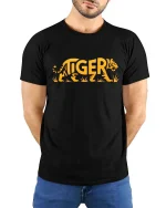 Tiger Word Art Graphic Bold Animal Style Cool T-Shirt - model wearing black tee with hands behind back