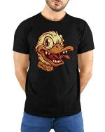 Funny Duck Face Cartoon Vintage Style Cool Graphic T-Shirt - model wearing black tee with hands behind back