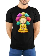 Meditating Buddha Peaceful Spiritual Zen Art Graphic T-Shirt - model wearing black tee with hands behind back