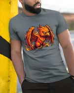 Fiery Phoenix Rising Mythical Bird Flame Graphic T-Shirt - model wearing grey tee, leaning on column