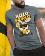 Hello World Cheers Rabbit Funny Party Graphic Cool T-Shirt - model wearing grey tee, leaning on column