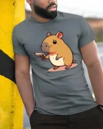 Funny Hamster Cartoon Character Humor Graphic Cool T-Shirt - model wearing grey tee, leaning on column