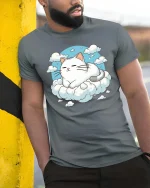 Sleeping Cat On Cloud Cute Relaxing Dreamy Graphic T-Shirt - model wearing grey tee, leaning on column