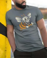 Skeleton Bee Funny Halloween Insect Cartoon Graphic T-Shirt - model wearing grey tee, leaning on column