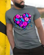 Melting Pill Heart Neon Graphic Love Aesthetic T-Shirt - model wearing grey tee, leaning on column