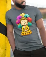 Meditating Buddha Peaceful Spiritual Zen Art Graphic T-Shirt - model wearing grey tee, leaning on column