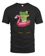 Funny Frog Flamingo Pool Float Cartoon Summer Tshirt Gift - black t-shirt on white background