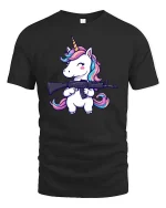 Cute Unicorn Soldier Gun Funny Graphic Tshirt Soft Feel - black t-shirt on white background