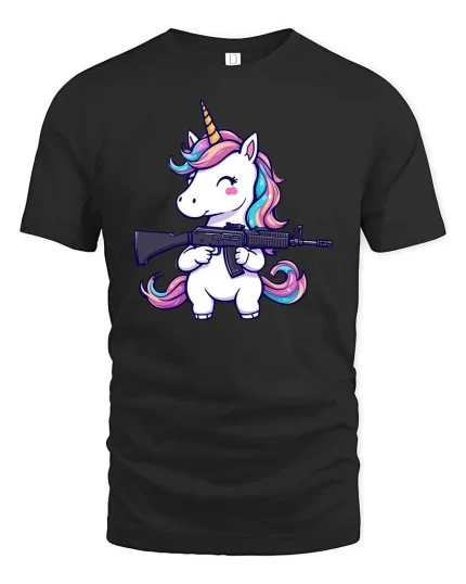 Cute Unicorn Soldier Gun Funny Graphic Tshirt Soft Feel - black t-shirt on white background