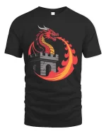 Fire Dragon Castle Fantasy Medieval Myth Graphic Tshirt - black t-shirt on white background