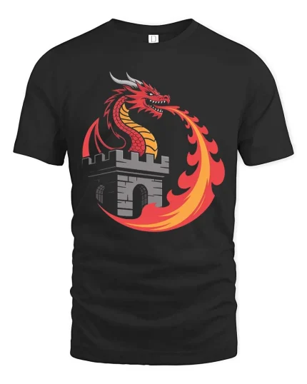 Fire Dragon Castle Fantasy Medieval Myth Graphic Tshirt - black t-shirt on white background