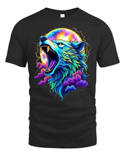 Colorful Cosmic Wolf Howling Galaxy Fantasy Art Tshirt - black t-shirt on white background