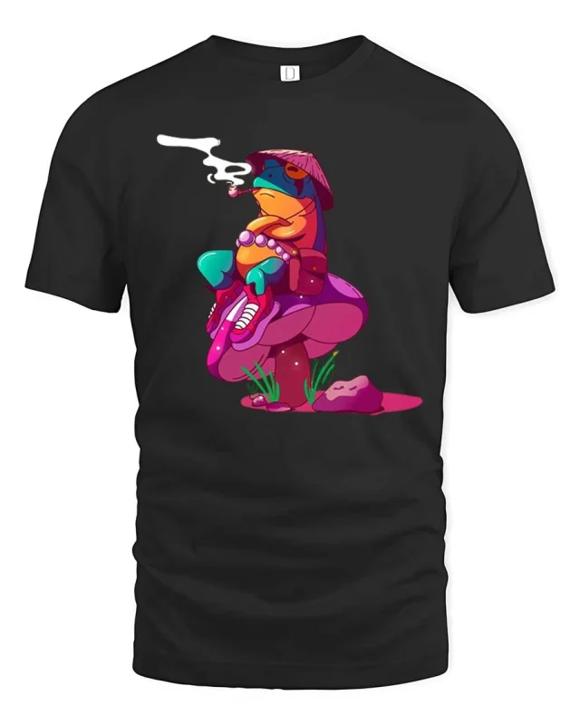Trippy Frog Mushroom Psychedelic Weird Cartoon Art Tshirt - black t-shirt on white background