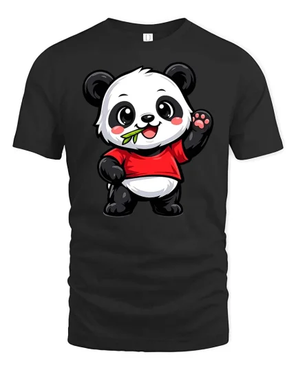 Cute Panda Eating Bamboo Cartoon Kawaii Animal Tshirt - black t-shirt on white background